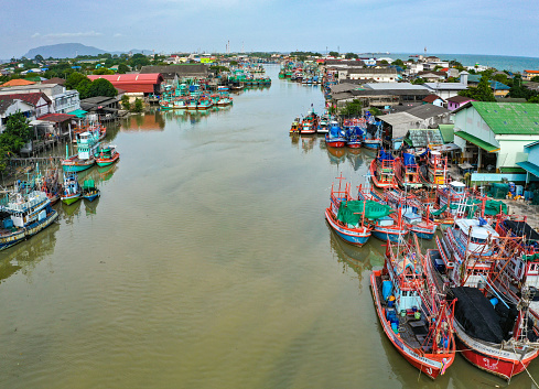 Rayong River and fisherman boats in Rayong, Thailand, south east asia