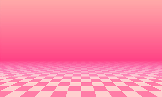 Abstract checkered floor in pink surreal interior. Room with no horizon and tiled floor
