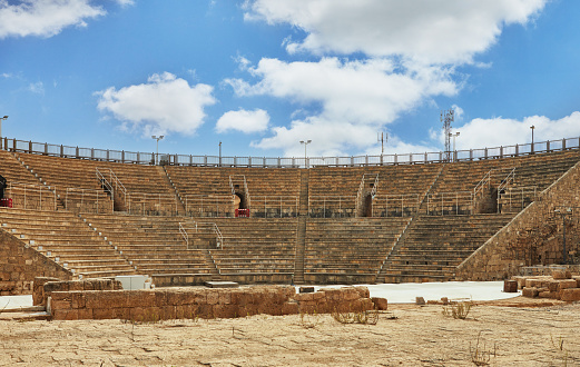 View of the amphitheater of the excavations of Herod's palace in the Seaside National Park of Caesarea.