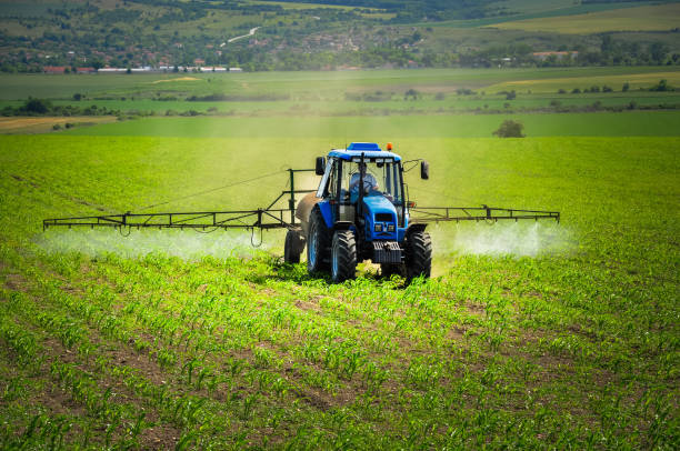 istock Farming tractor plowing and spraying on field 1328617013