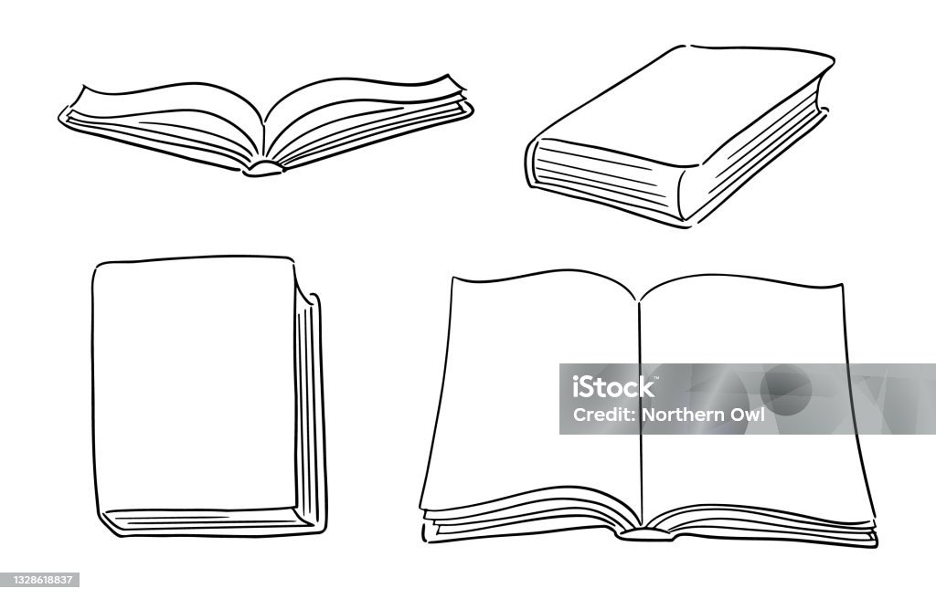 Conjunto de libros de tapa dura dibujados a mano: libro abierto con páginas, libro cerrado - arte vectorial de Libro libre de derechos