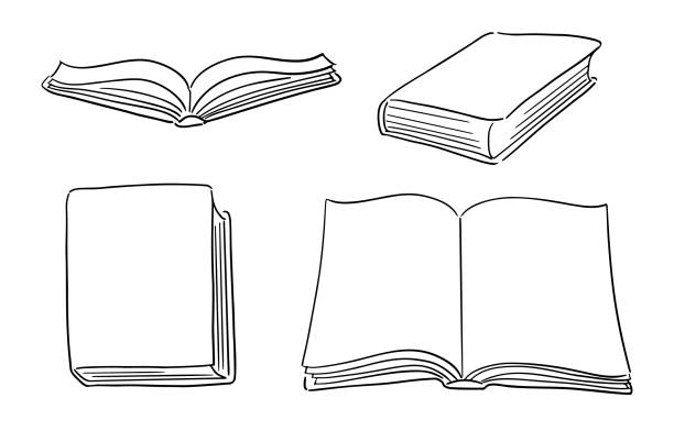 Set of hand-drawn hardcover books: open book with pages, closed book Black and white illustrations of a book in a traditional ink drawing style. open illustrations stock illustrations