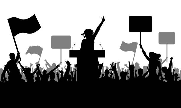 Politics meeting. Silhouette of demonstrating crowd of people with flags, banners. Woman speaker. Demonstration or protest, or manifestation, or strike, or revolution, or riot. Vector illustration Politics meeting. Silhouette of demonstrating crowd of people with flags, banners. Woman speaker. Demonstration or protest, or manifestation, or strike, or revolution, or riot. Vector illustration angry crowd stock illustrations