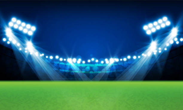fußballarena-feld mit hellen stadionlichtern vs buchstaben für sport und kampf wettkampf vektor-design - scoreboard stock-grafiken, -clipart, -cartoons und -symbole