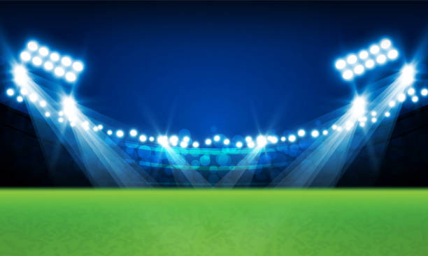 ilustrações, clipart, desenhos animados e ícones de campo de arena de futebol com luzes de estádio brilhantes vs letras para esportes e projeto vetorial de competição de luta - football vector luminosity glowing