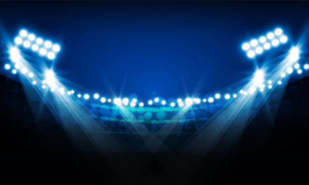 fußballarena-feld mit hellen stadionlichtern vs buchstaben für sport und kampf wettkampf vektor-design - soccer stadium sport crowd stock-grafiken, -clipart, -cartoons und -symbole