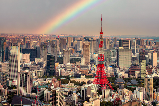 Aerial view Tokyo bay and Tokyo skyline with the rainbow after rain, Japan