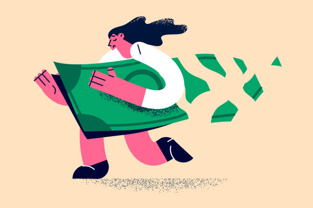 Loose money and financial loss concept Loose money and financial loss concept. Business woman carrying damaged dollar investment in financial crisis, crumble and reduce in value vector illustration inflation stock illustrations
