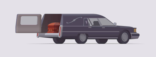 Vector vintage funeral hearse car with coffin inside. Isolated illustration Vector vintage funeral hearse car with coffin inside. Isolated illustration. Collection funeral procession stock illustrations