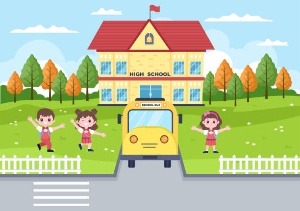 zurück zur schule, modernes gebäude und bus im vorgarten mit einigen kindern. hintergrund-landingpage-illustration - flower sketch yard front or back yard stock-grafiken, -clipart, -cartoons und -symbole