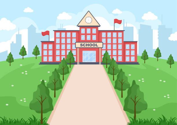 zurück zur schule, modernes gebäude und blick vorgarten mit grünem gras und bäumen. hintergrund-landingpage-illustration - flower sketch yard front or back yard stock-grafiken, -clipart, -cartoons und -symbole