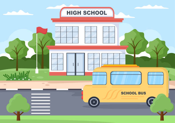 zurück zur schule, modernes gebäude und bus im vorgarten mit einigen kindern. hintergrund-landingpage-illustration - flower sketch yard front or back yard stock-grafiken, -clipart, -cartoons und -symbole