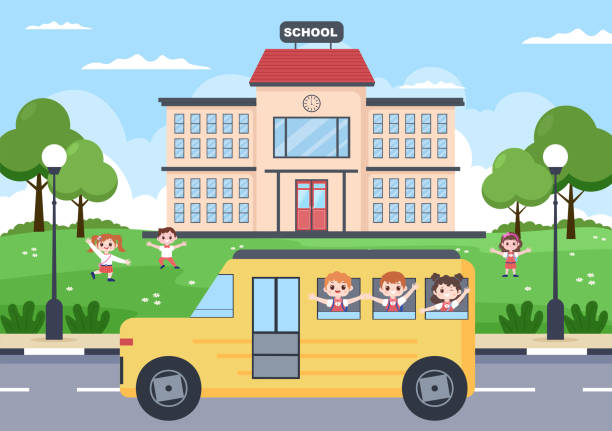 zurück zur schule, modernes gebäude und bus im vorgarten mit einigen kindern. hintergrund-landingpage-illustration - flower sketch yard front or back yard stock-grafiken, -clipart, -cartoons und -symbole