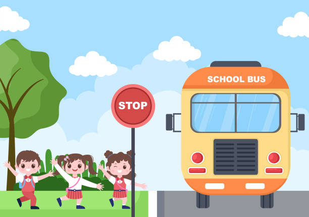 zurück zur schule, modernes gebäude und bus im vorgarten mit einigen kindern. hintergrund-landingpage-illustration - flower sketch yard front or back yard stock-grafiken, -clipart, -cartoons und -symbole