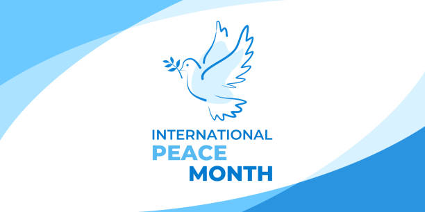 International peace month. Vector web banner, poster, card for social media, networks. Text International peace month. A white dove with an olive branch is a symbol of peace International peace month. Vector web banner, poster, card for social media, networks. Text International peace month. A white dove with an olive branch is a symbol of peace. dove bird stock illustrations