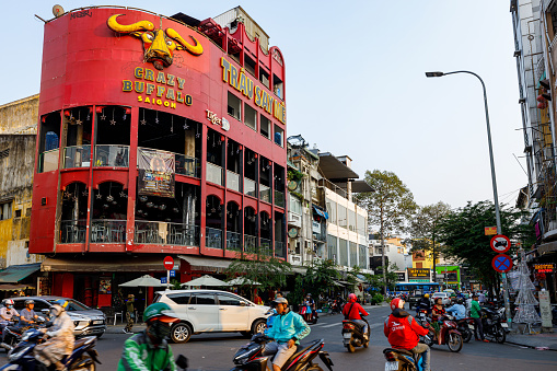 Ho Chi Minh City, Nam Bo, Vietnam December 25, 2019: The nightlife area of Ho Chi Minh City in Vietnam