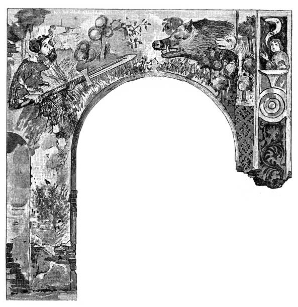 Hunting scene; mural in the loggia of the Corvin Castle Illustration of a Hunting scene; mural in the loggia of the Corvin Castle vampire illustrations stock illustrations