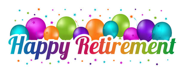 happy retirement party ballon banner - bunte vektorillustration - isoliert auf weißem hintergrund - glücklichsein stock-grafiken, -clipart, -cartoons und -symbole