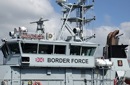 Her Majesty's Customs Border Force protection cutter Protector. Moored alongside quay. View of bridge and aerials No People. United Kingdom border patrol