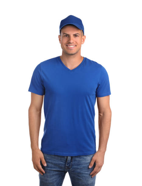 Happy man in blue cap and tshirt on white background. Mockup for design