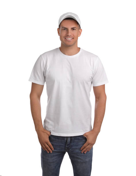 istock Happy man in cap and tshirt on white background. Mockup for design 1328628923