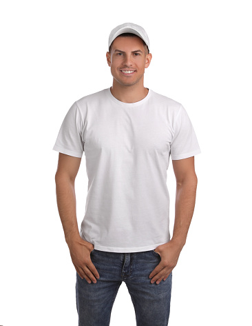 Happy man in cap and tshirt on white background. Mockup for design
