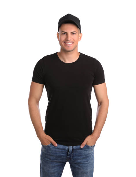 istock Happy man in black cap and tshirt on white background. Mockup for design 1328628966