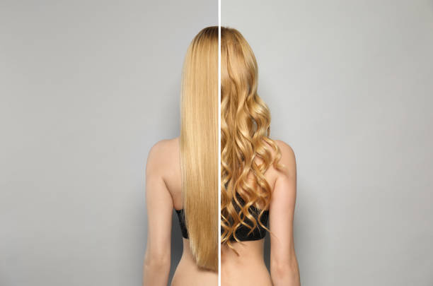 giovane donna con i capelli lunghi prima e dopo aver usato i bigodini su sfondo grigio, collage - wave curl foto e immagini stock