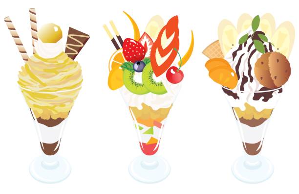 ilustrações de stock, clip art, desenhos animados e ícones de set illustration of the parfait of marron, chocolate and fruit. - parfait glass