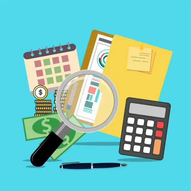 Vector illustration of Finance and Economy vector, banking, accounting transactions, e-invoice service .Tax calculation, budget calculation, accounting, paperwork concept. Finance icon set.