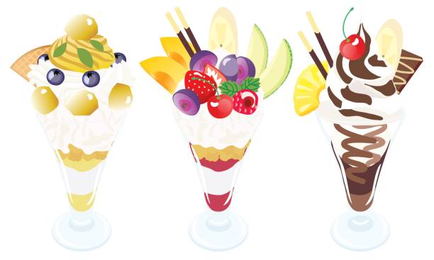 ilustrações de stock, clip art, desenhos animados e ícones de set illustration of the parfait of marron, chocolate and fruits. - parfait glass