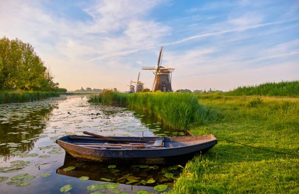 three mills during sunrise - scenics landscape windmill sunrise imagens e fotografias de stock