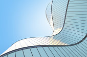 istock Low angle view of futuristic modern architecture, Skyscraper of corporate office building, Curve shape, 3D rendering. 1328633577