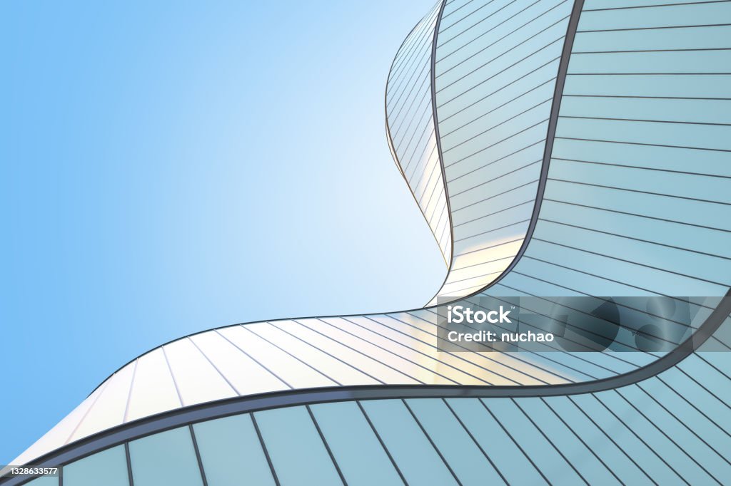 Low angle view of futuristic modern architecture, Skyscraper of corporate office building, Curve shape, 3D rendering. Architecture Stock Photo