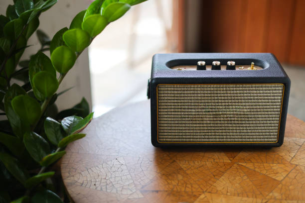 istock Retro-style Bluetooth speakers with volume keys and a sturdy metal grille. 1328635520