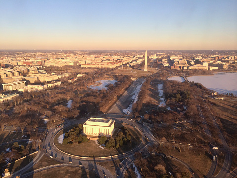 Aerial view over the National Mall, the Lincoln Memorial, and the Capitol in Washington DC