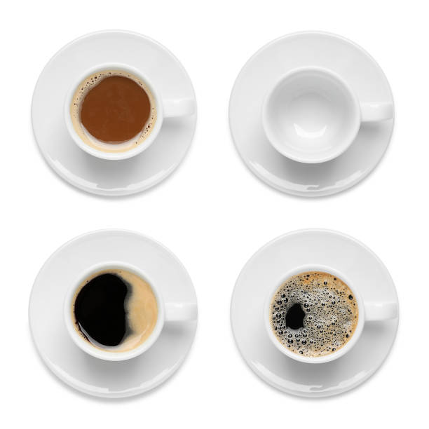 istock Set with cups of hot aromatic coffee on white background, top view 1328638230