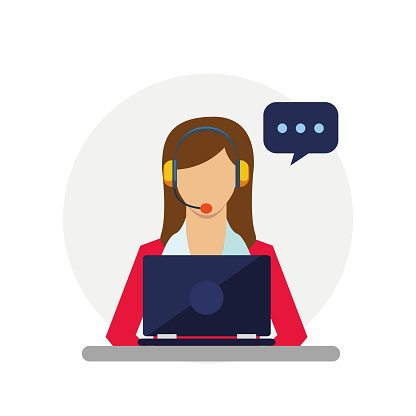 Female customer service worker helping customers. Young woman is working on a laptop. Call center. The girl answers the call, support service. Online consultation, online help. Vector flat illustration. Customer service. Woman operator call center with headphones and microphone with laptop.