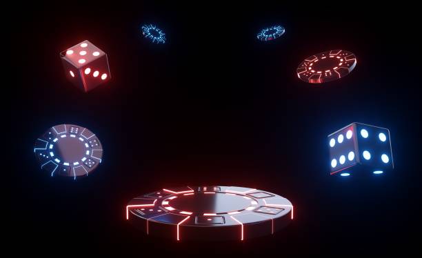 カジノギャンブルのコンセプト。チップペデスタル、チップス、ダイス、ネオンライト付き - 3dイラストレーション - roulette roulette wheel casino gambling ストックフォトと画像