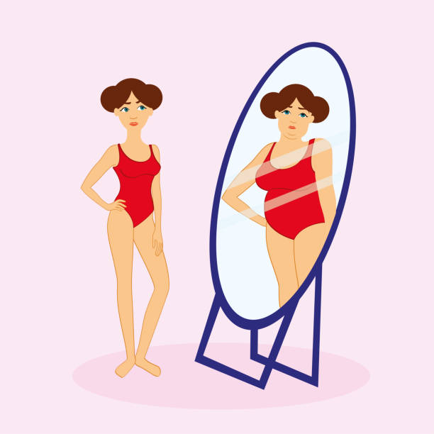 Symbol of anorexia mental disorder or psychological frustration, slim woman looking in mirror and seeing fat woman, vector illustration isolated on pink background. Concept of young woman suffering from anorexia looking in the mirror . Anorexia vector A young woman with one hand on her waist looking in the mirror. In reality, the fit and thin woman sees her image in the mirror as fat and obese. Concept of woman suffering from anorexia. Vector of pretty young woman wearing a red swimsuit with her hair up. A big blue mirror. The background is plain light pink. slim woman body stock illustrations