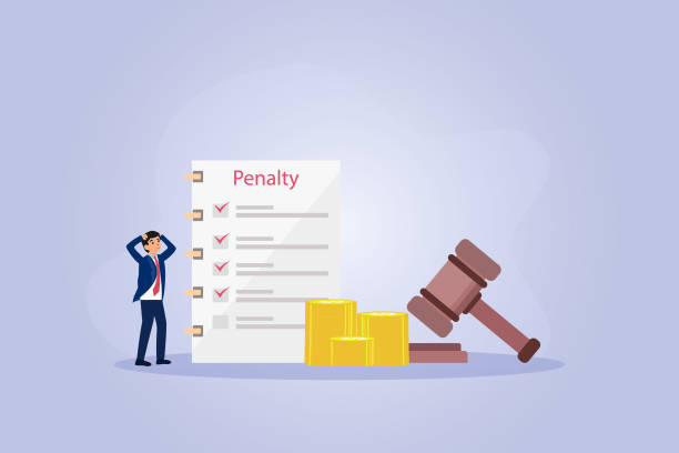 Stressful businessman with penalty list Penalty vector concept. Stressful businessman with penalty list and justice gavel traffic ticket stock illustrations
