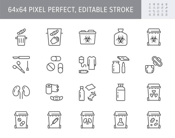 medical waste devices line icons. vector illustration include icon - glove, mask, biomedical, toxic, chemical, syringe outline pictogram for hazard trash. 64x64 pixel perfect, editable stroke - atık yönetimi stock illustrations