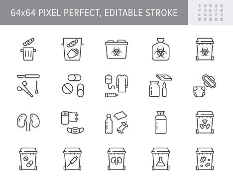 Medical waste devices line icons. Vector illustration include icon - glove, mask, biomedical, toxic, chemical, syringe outline pictogram for hazard trash. 64x64 Pixel Perfect, Editable Stroke.