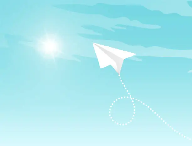 Vector illustration of Aircrafts fly between clouds and light in sky. Pattern mockup design with white paper planes