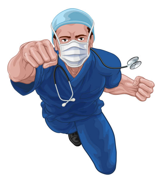 illustrations, cliparts, dessins animés et icônes de médecin infirmière super-héros dans scrubs flying super hero - male nurse nurse scrubs white background