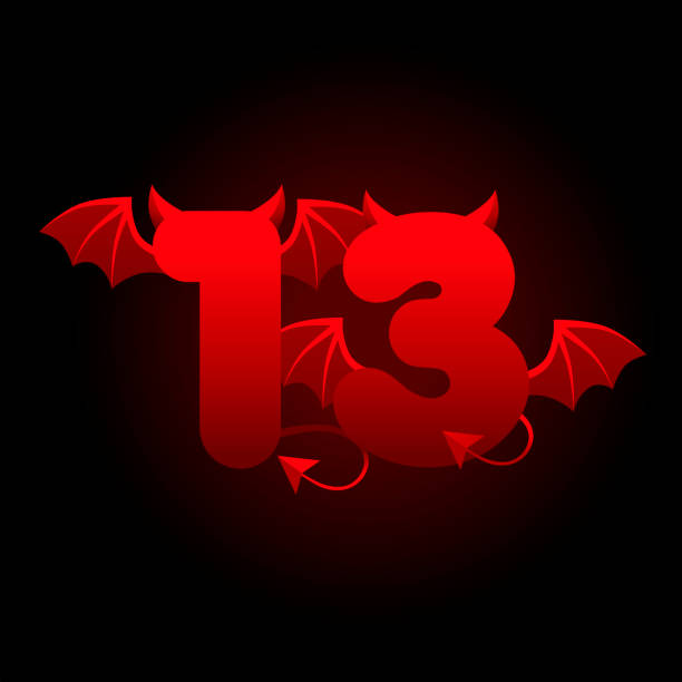 Banner devil number 13, red figure with wings and horns for ui games. Banner devil number 13, red figure with wings and horns for ui games. Vector illustration black background with demonic number. cartoon of the friday 13th stock illustrations