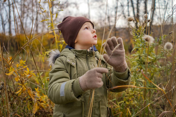 istock Happy boy, shot through the grass, autumn. 1328641954