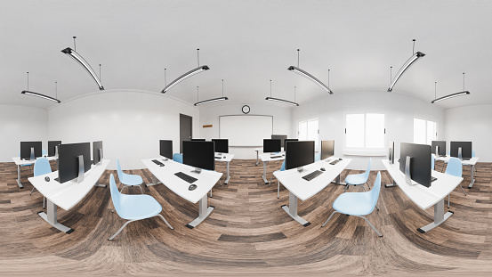 equirectangular projection of a modern classroom with computers. hdri. side and top illumination. 3d render