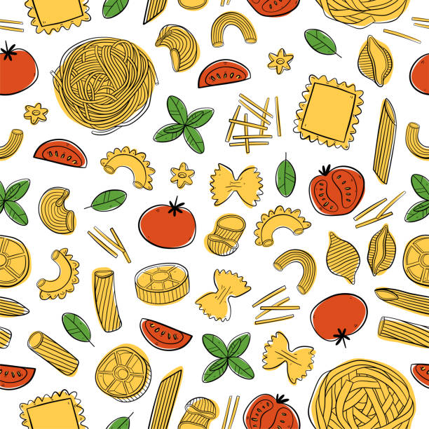 ilustrações, clipart, desenhos animados e ícones de padrão sem emenda com massa italiana. para menu, embalagem, papel de embrulho ou tecido. - italian cuisine illustrations