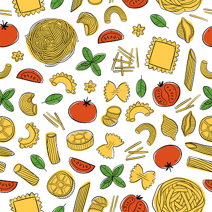 Seamless pattern with Italian pasta. For menu, packing, wrapping paper or fabric. Vector illustration